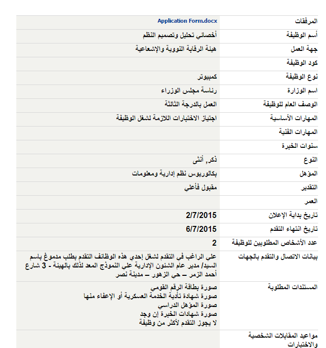 وظائف خالية في مجلس الوزراء 6 أخصائي تحليل وتصميم النظم