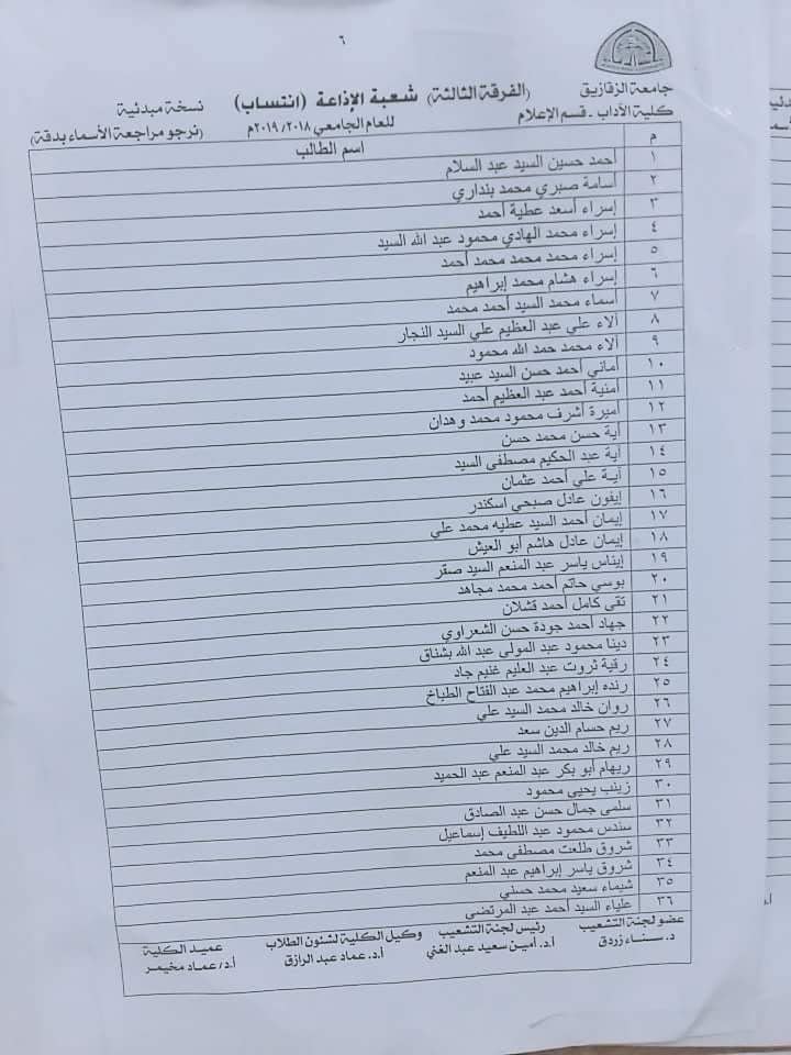 كشوفات التشعيب للفرقة الثالثة كلية آداب إعلام جامعة الزقازيق 21 كشوفات التشعيب للفرقة الثالثة كلية آداب إعلام جامعة الزقازيق