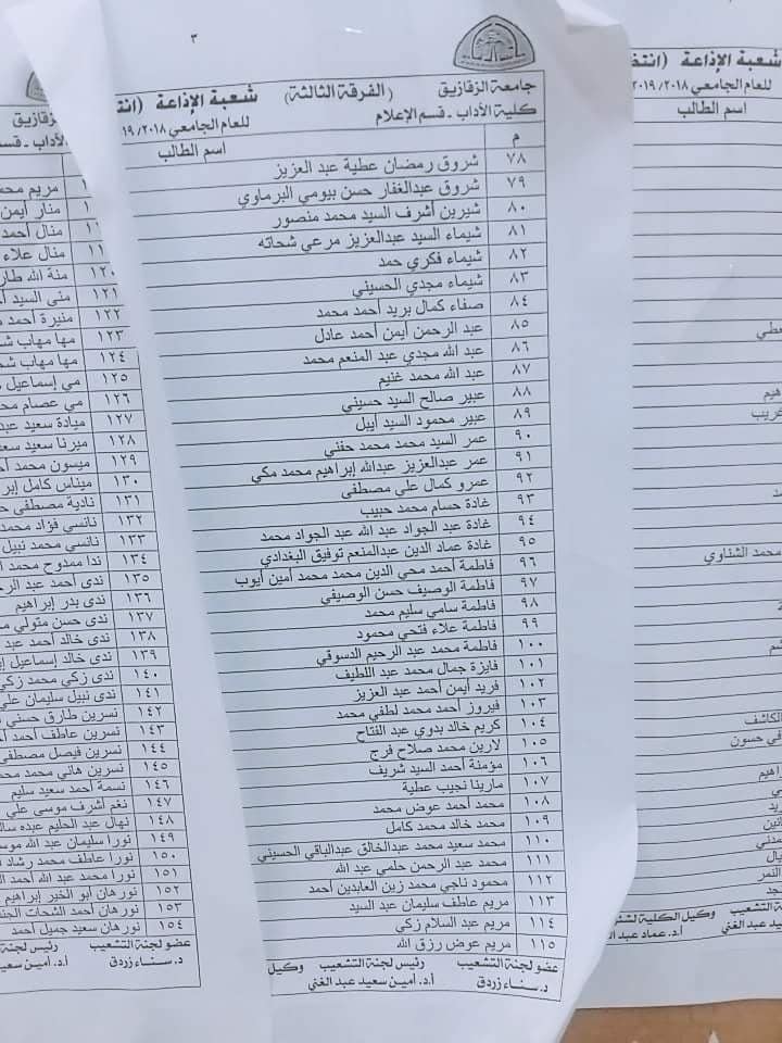 كشوفات التشعيب للفرقة الثالثة كلية آداب إعلام جامعة الزقازيق 23 كشوفات التشعيب للفرقة الثالثة كلية آداب إعلام جامعة الزقازيق