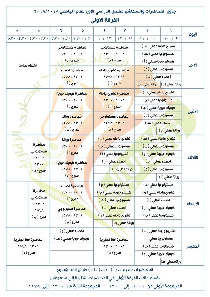 جدول محاضرات وسكاشن الفصل الدراسي الأول للفرقة الأولى كلية طب بيطري