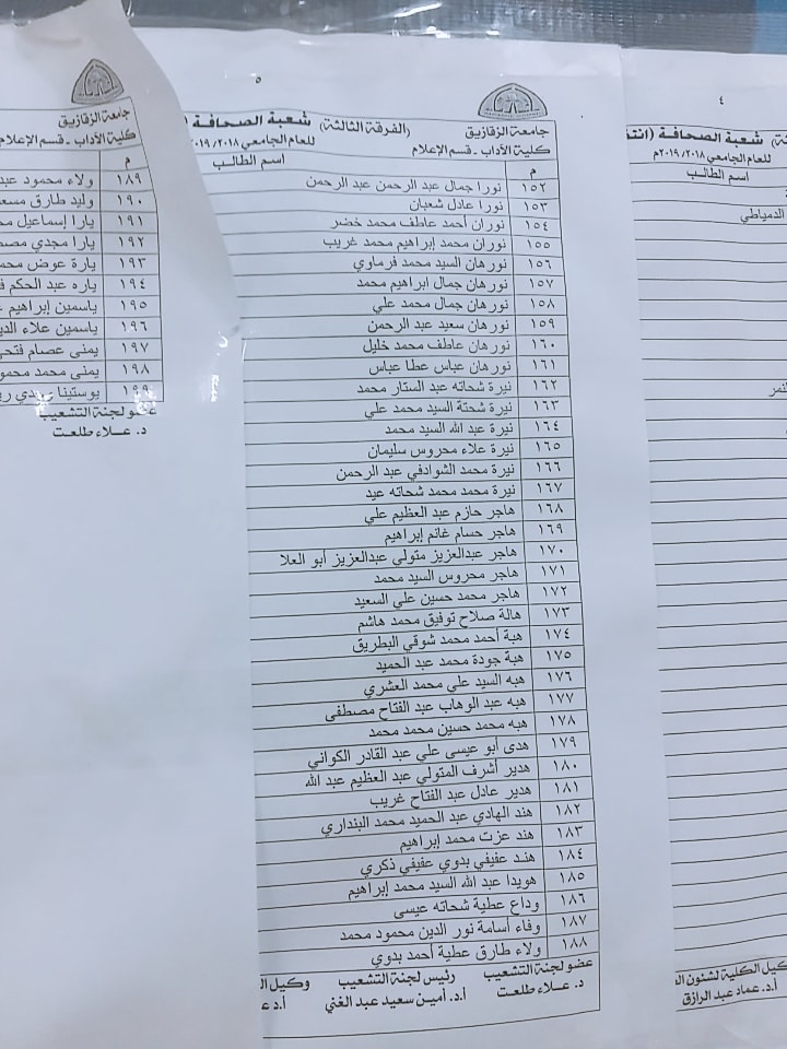 كشوفات التشعيب للفرقة الثالثة كلية آداب إعلام جامعة الزقازيق 4 كشوفات التشعيب للفرقة الثالثة كلية آداب إعلام جامعة الزقازيق