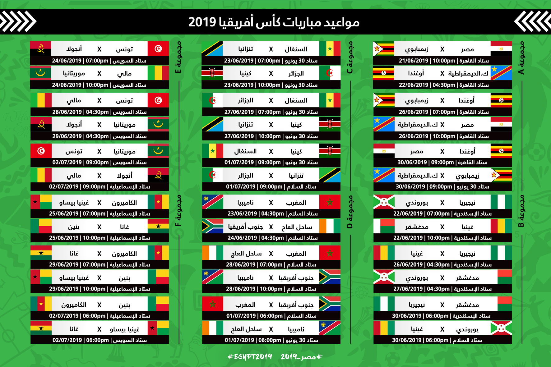 الجدول الكامل لمواعيد وملاعب مباريات الدور الأول من بطولة أمم أفريقيا مصر 2019 الشرقية توداي