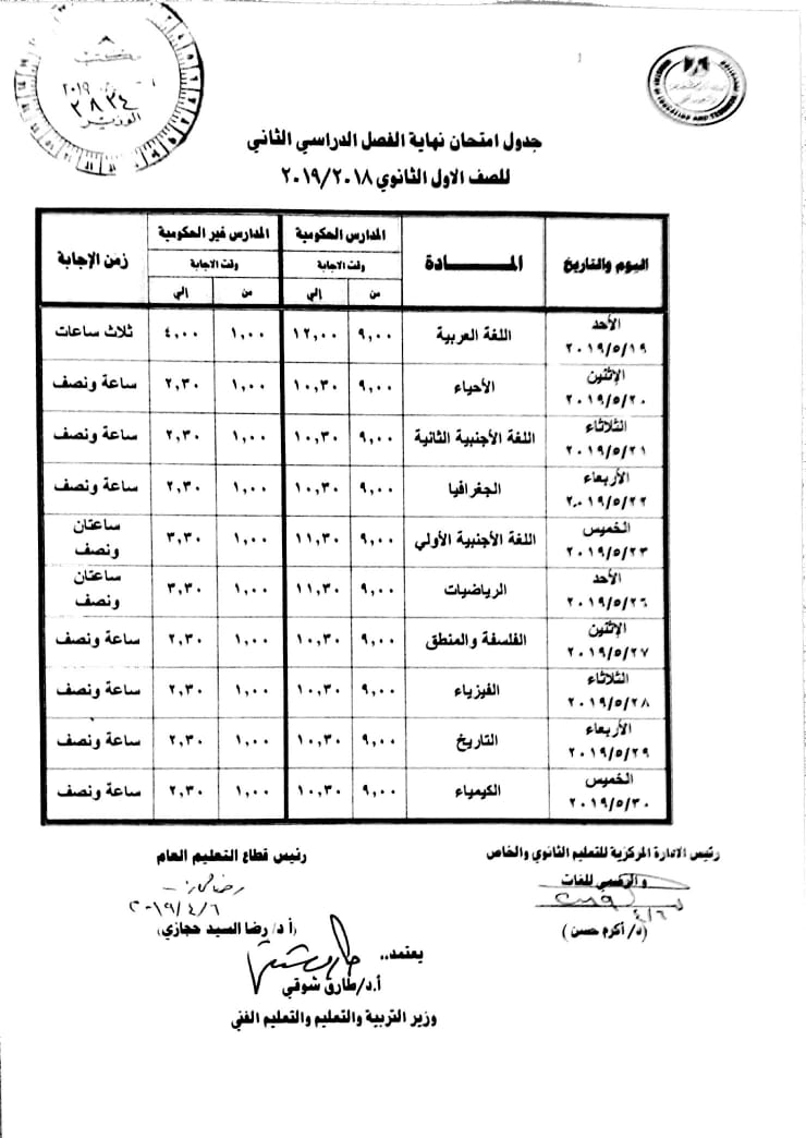وزير التعليم يعتمد جدول امتحانات أولى ثانوي 2 جدول امتحانات أولى ثانوي
