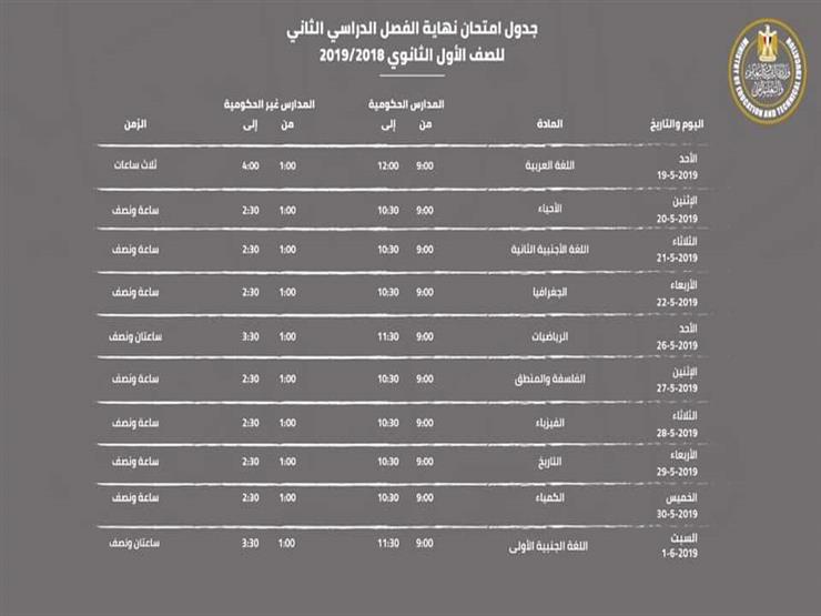 التعليم تعلن جدول امتحانات أولى ثانوي الجديد2019 2 امتحانات الثانوية العامة