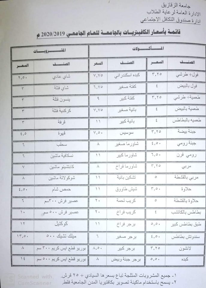 الأسعار الجديدة للمأكولات والمشروبات بكافتيريات جامعة الزقازيق 2 جامعة الزقازيق